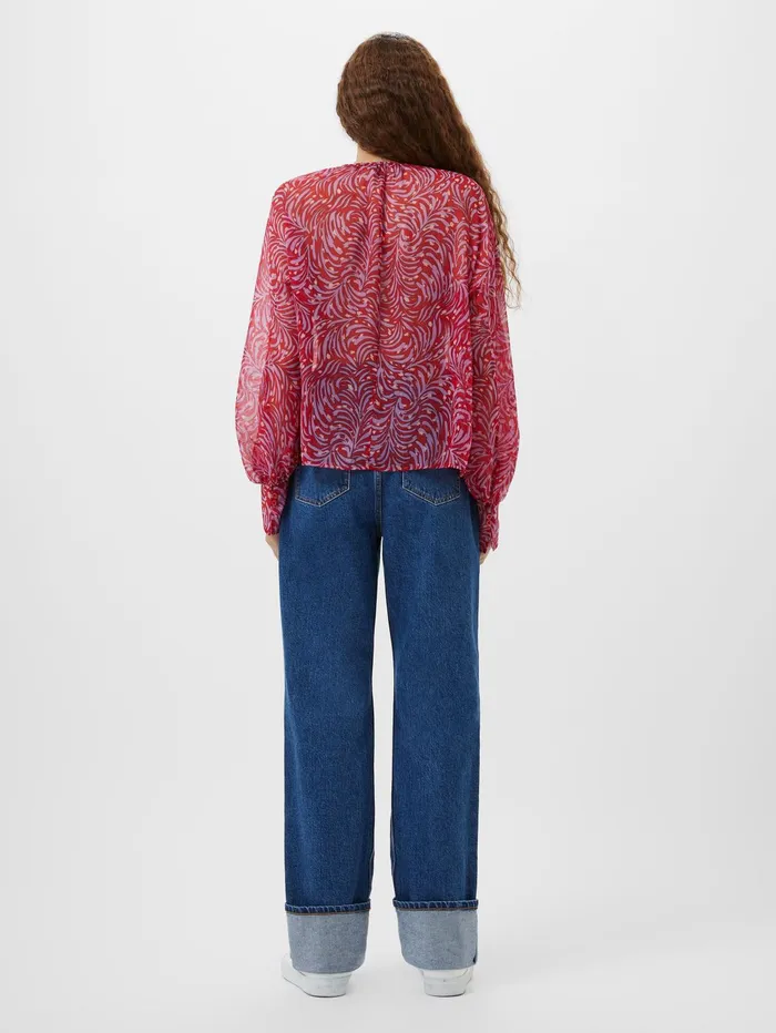French Connection Printed Chiffon Keyhole Long Sleeve Top Scarlet Red Multi Woman Tops