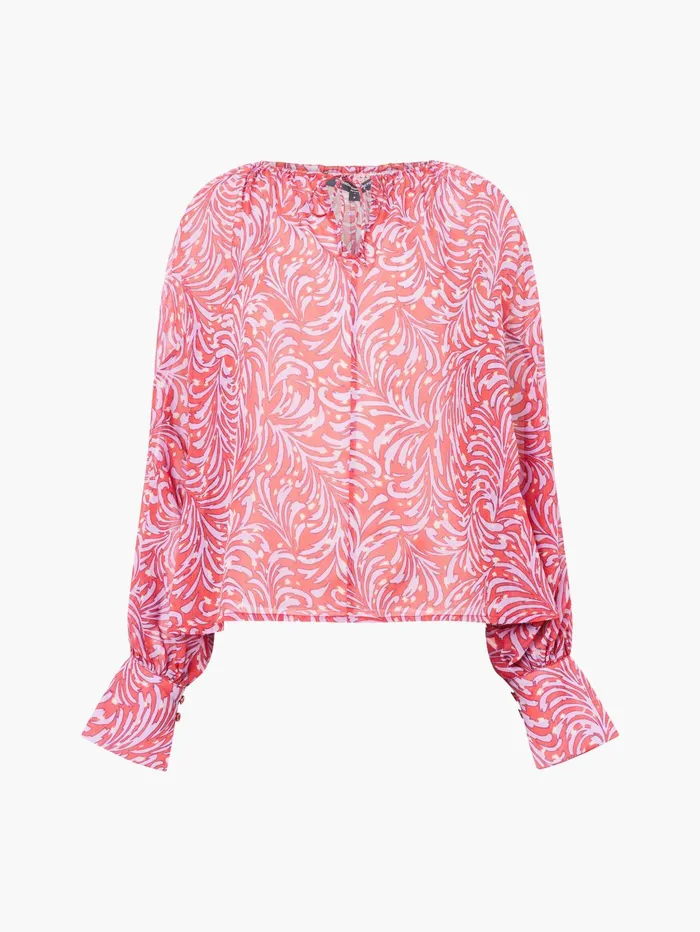French Connection Printed Chiffon Keyhole Long Sleeve Top Scarlet Red Multi Woman Tops