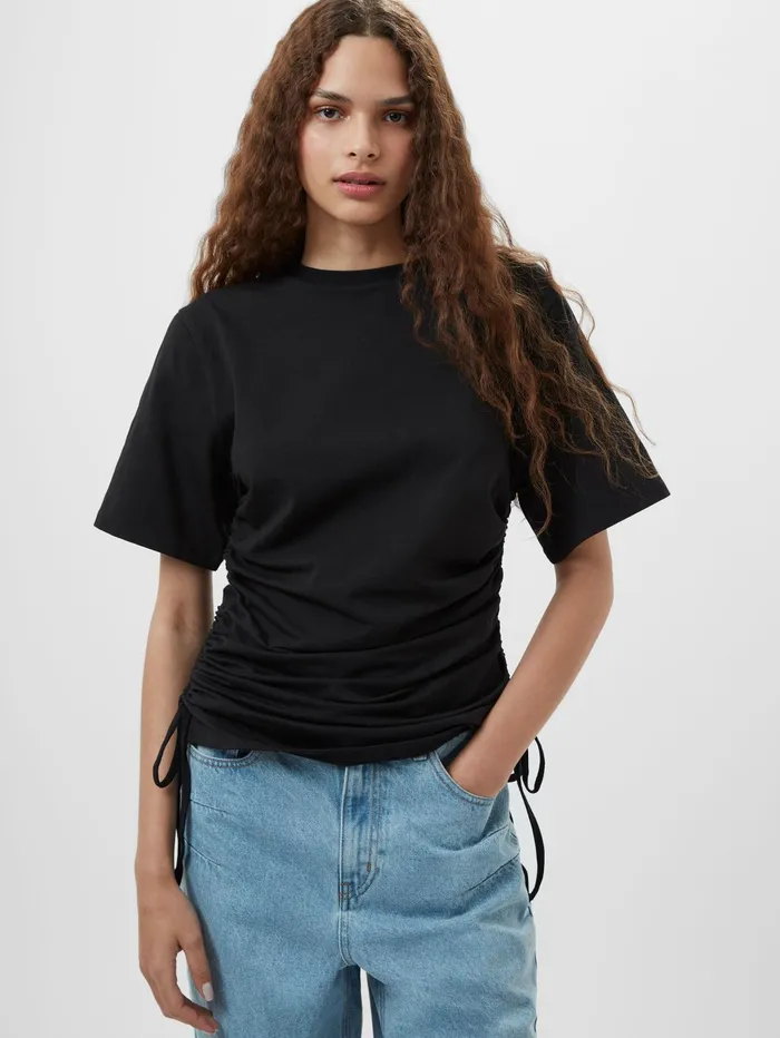 French Connection Rallie Ruched Drawstring TShirt Black Woman Tops