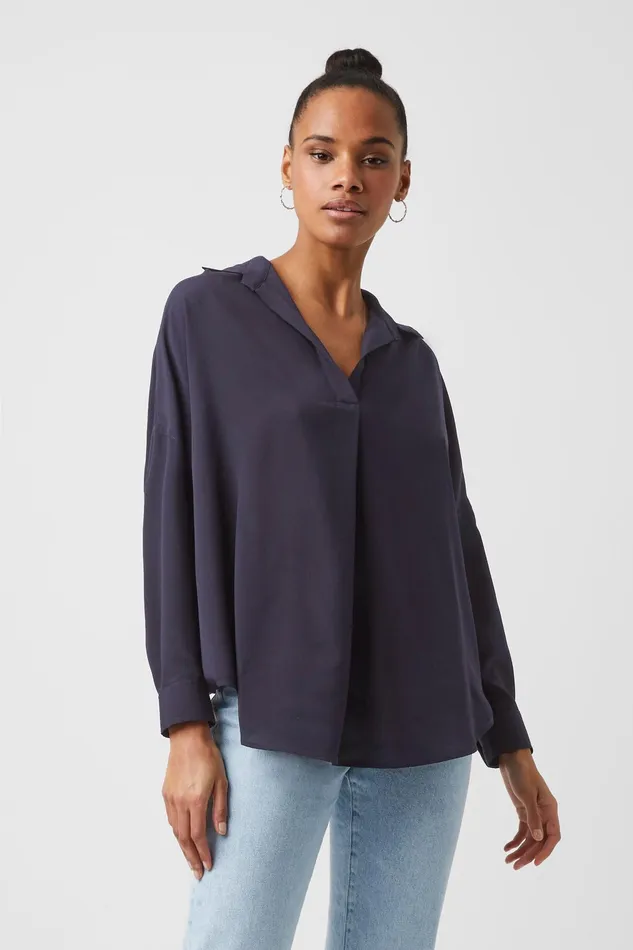French Connection Rhodes Recycled Crepe Popover Shirt 8211 Utility Blue Woman Tops French Connection Rhodes Recycled Crepe Popover Shirt 8211 Utility Blue Woman Tops