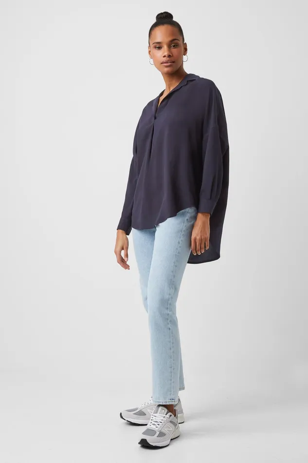 French Connection Rhodes Recycled Crepe Popover Shirt 8211 Utility Blue Woman Tops