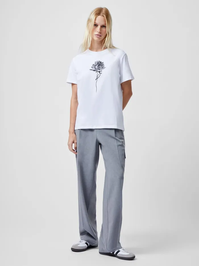 French Connection Rose Logo Peached Graphic TShirt Linen White Woman Tops