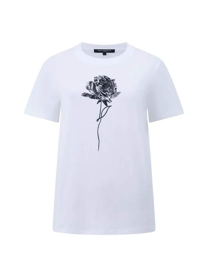 French Connection Rose Logo Peached Graphic TShirt Linen White Woman Tops