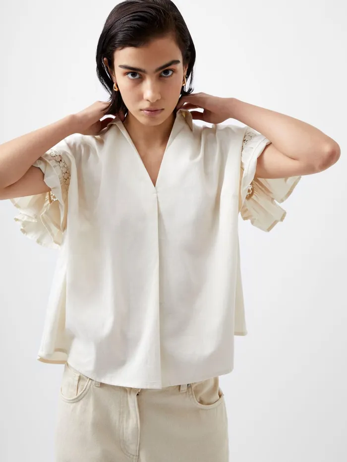 French Connection Sindey Cotton Short Sleeve Popover Shirt Classic Cream Woman Tops French Connection Sindey Cotton Short Sleeve Popover Shirt Classic Cream Woman Tops