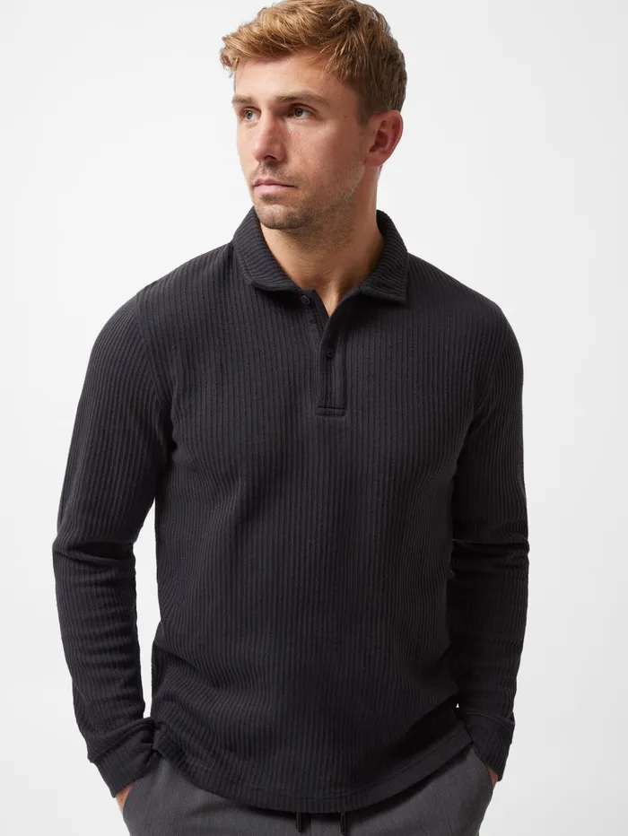 French Connection Textured Long Sleeve Polo Shirt Black Man TShirts and Polo Shirts