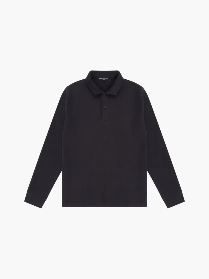 French Connection Textured Long Sleeve Polo Shirt Black Man TShirts and Polo Shirts