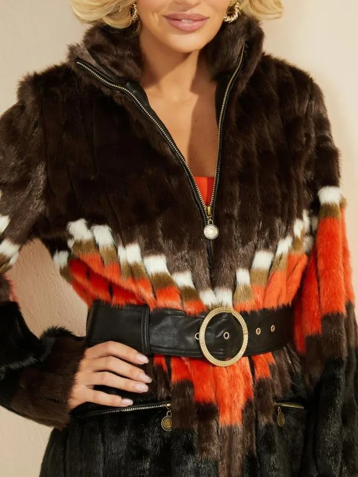 Jackets Women Marciano Judy FauxFur Coat Chevron Orange Jackets Women Marciano Judy FauxFur Coat Chevron Orange