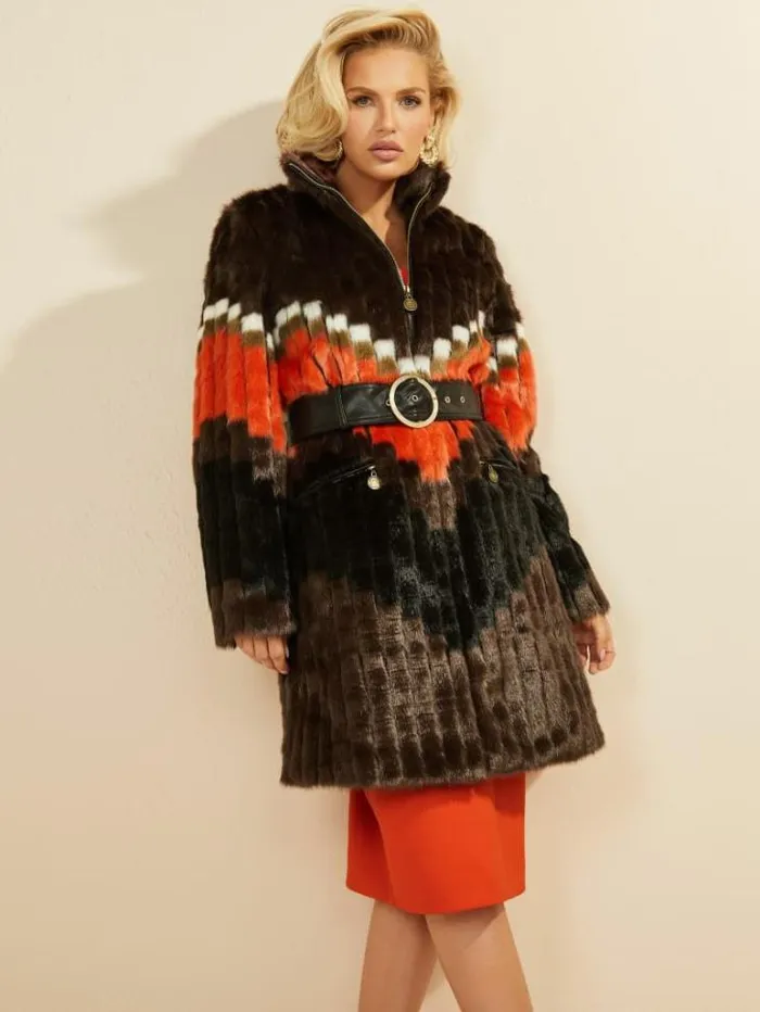 Jackets Women Marciano Judy FauxFur Coat Chevron Orange Jackets Women Marciano Judy FauxFur Coat Chevron Orange