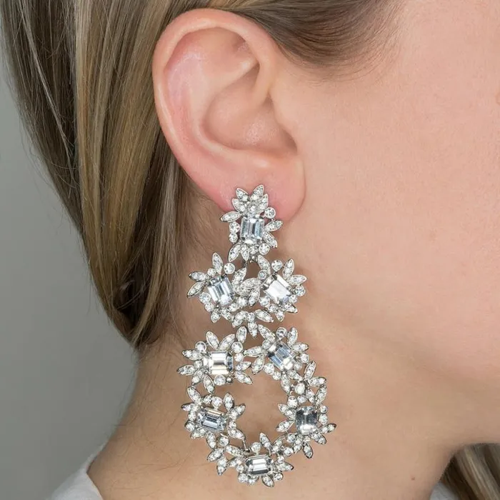 Kenneth Jay Lane Clear Crystal Earrings Women Silver and Crystal Flower Clip Earrings
