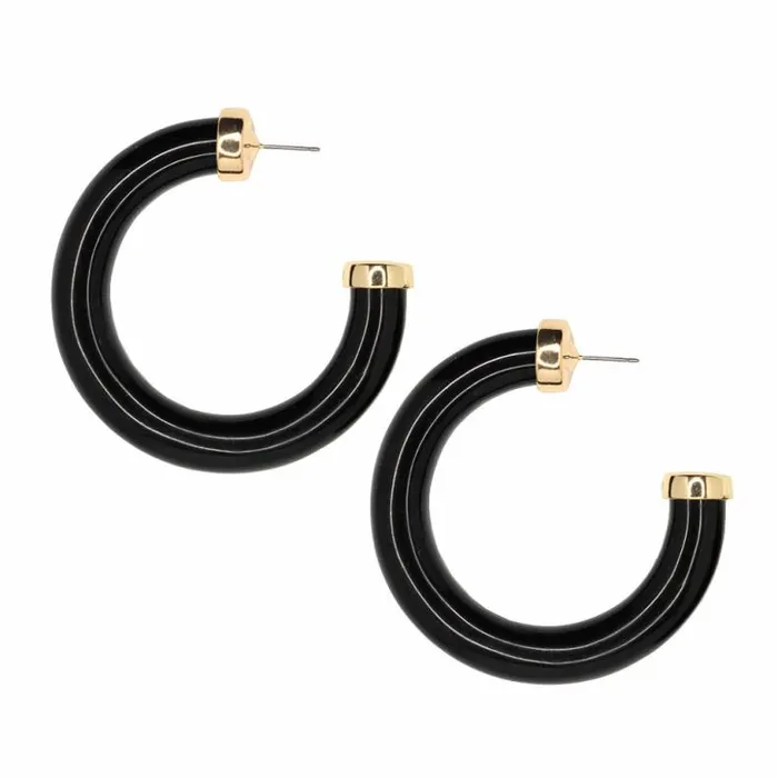 Kenneth Jay Lane Dark Color Earrings Women Large Polished Black Resin Gold Ends Hoop Pierced Earrings