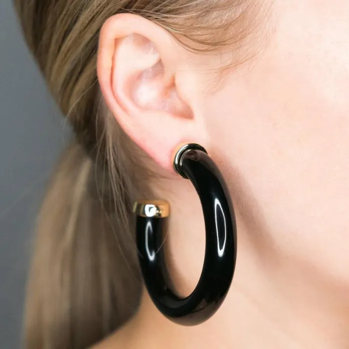 Kenneth Jay Lane Dark Color Earrings Women Large Polished Black Resin Gold Ends Hoop Pierced Earrings