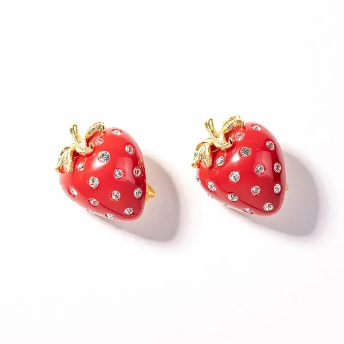 Kenneth Jay Lane Dark Color Earrings Women Red And Crystal Strawberry Clip Earring