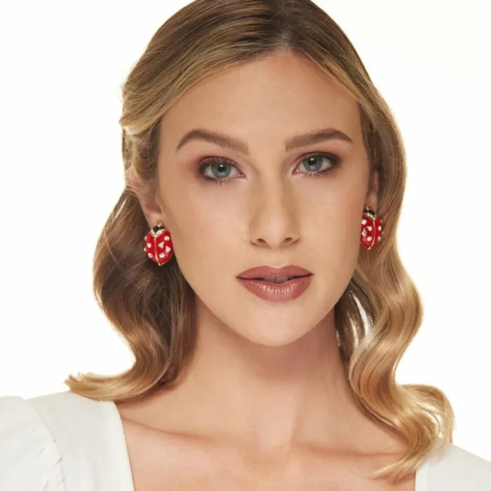 Kenneth Jay Lane Dark Color Earrings Women Red Enamel Ladybug And Crystals Dots Clip Earring Kenneth Jay Lane Dark Color Earrings Women Red Enamel Ladybug And Crystals Dots Clip Earring