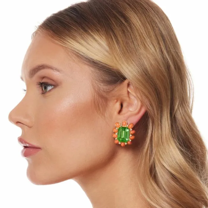 Kenneth Jay Lane Dark Color Gem Earrings Women Peridot Center Oval Shape Clip Earring