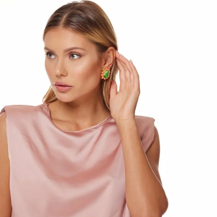Kenneth Jay Lane Dark Color Gem Earrings Women Peridot Center Oval Shape Clip Earring