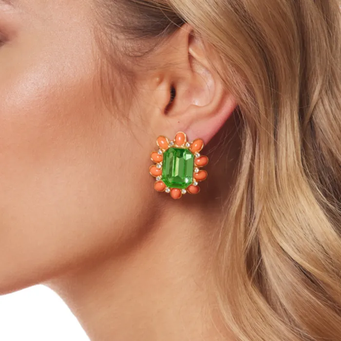 Kenneth Jay Lane Dark Color Gem Earrings Women Peridot Center Oval Shape Clip Earring