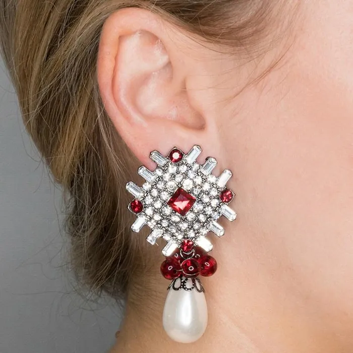 Kenneth Jay Lane Dark Color Gem Earrings Women Ruby And White Pearl Drop Pierced Or Clip Earrings Kenneth Jay Lane Dark Color Gem Earrings Women Ruby And White Pearl Drop Pierced Or Clip Earrings