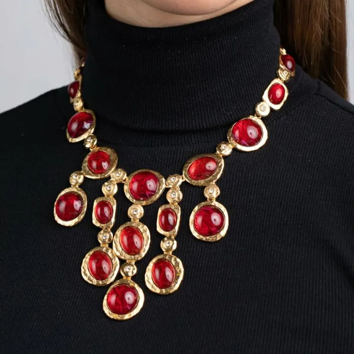 Kenneth Jay Lane Dark Color Gem Necklaces Women Flawed Ruby Drop Necklace