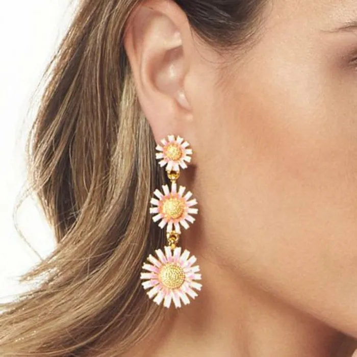 Kenneth Jay Lane Light Color Earrings Women 3 Graduated Pink Daisy Earring