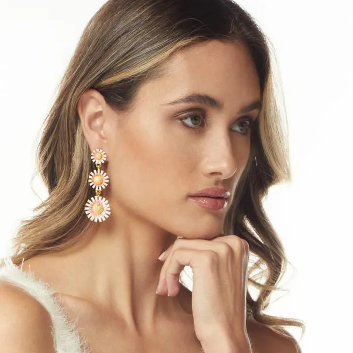 Kenneth Jay Lane Light Color Earrings Women 3 Graduated Pink Daisy Earring Kenneth Jay Lane Light Color Earrings Women 3 Graduated Pink Daisy Earring
