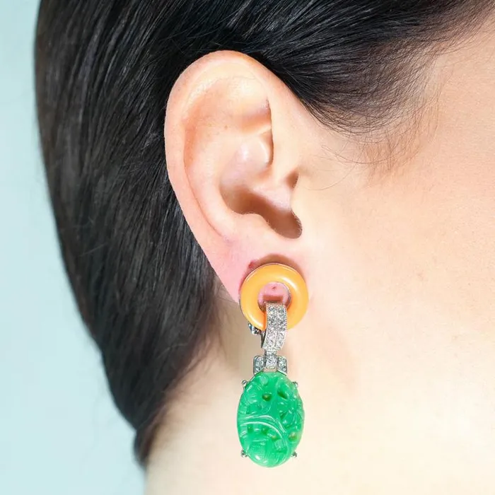 Kenneth Jay Lane Light Color Earrings Women Coral And Jade Art Deco Pierced Or Clip Earrings Kenneth Jay Lane Light Color Earrings Women Coral And Jade Art Deco Pierced Or Clip Earrings