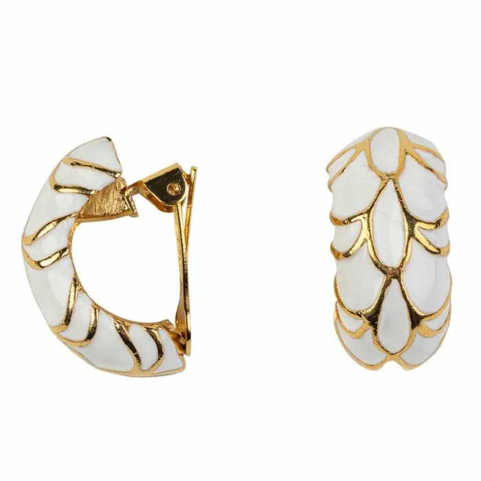 Kenneth Jay Lane Light Color Earrings Women Gold With White Enamel Small Hoop Clip Earring
