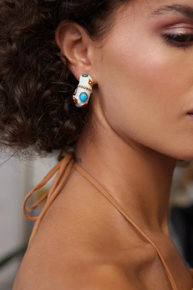 Kenneth Jay Lane Light Color Gem Earrings Women White and Multicolored Gemstones ClipOn Hoop Earrings