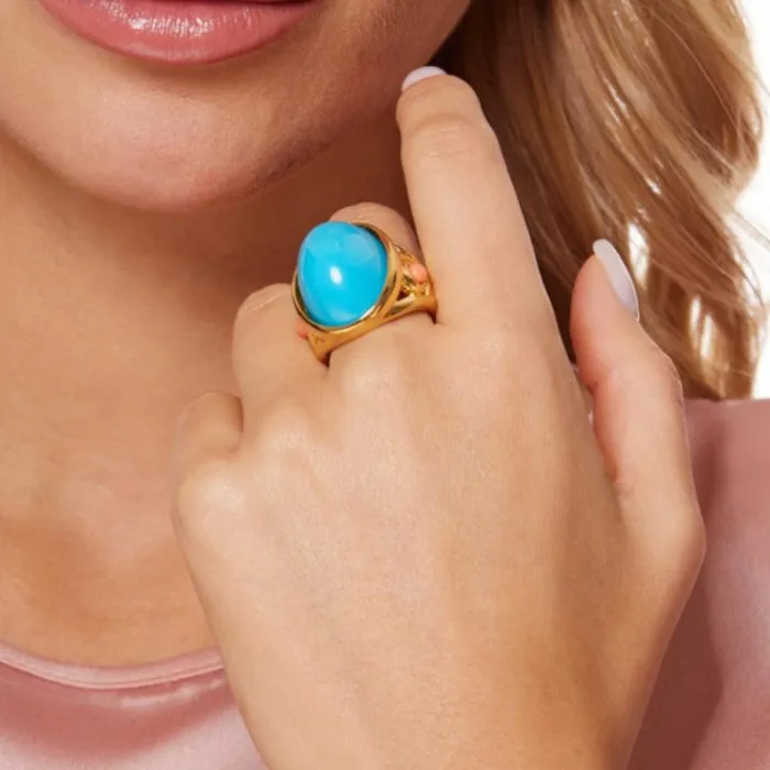 Kenneth Jay Lane Light Color Rings Women Gold Ring With Turquoise Cabochon Center And Coral Cabochon Dots Kenneth Jay Lane Light Color Rings Women Gold Ring With Turquoise Cabochon Center And Coral Cabochon Dots