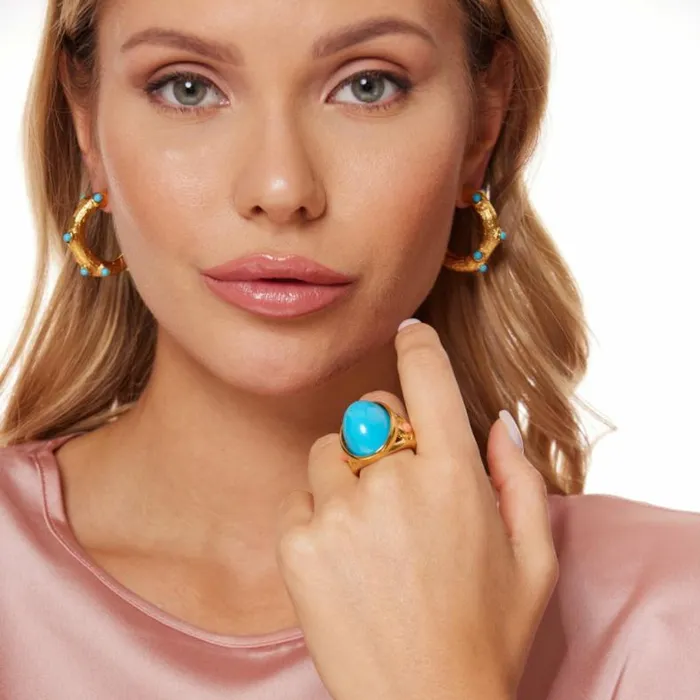 Kenneth Jay Lane Light Color Rings Women Gold Ring With Turquoise Cabochon Center And Coral Cabochon Dots Kenneth Jay Lane Light Color Rings Women Gold Ring With Turquoise Cabochon Center And Coral Cabochon Dots