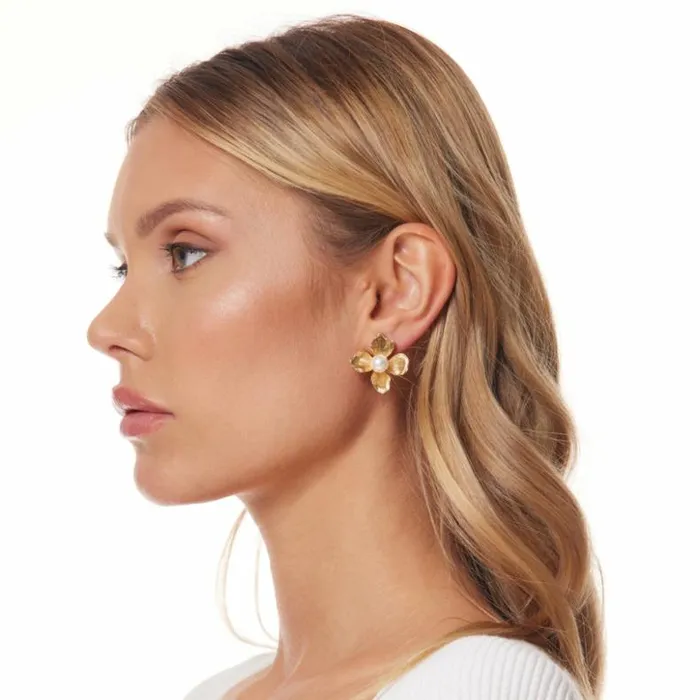 Kenneth Jay Lane Metallic Finish Earrings Women Pearl Center Flower Pierced Earrings Kenneth Jay Lane Metallic Finish Earrings Women Pearl Center Flower Pierced Earrings
