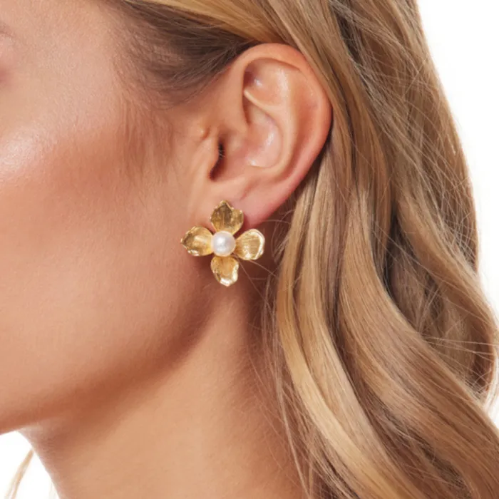 Kenneth Jay Lane Metallic Finish Earrings Women Pearl Center Flower Pierced Earrings Kenneth Jay Lane Metallic Finish Earrings Women Pearl Center Flower Pierced Earrings