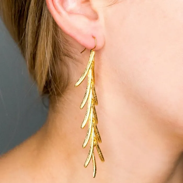Kenneth Jay Lane Metallic Finish Earrings Women Satin Gold Leaves Drop Fishhook Pierced Earrings