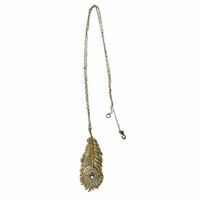 Kenneth Jay Lane Metallic Finish Necklaces Women GoldPlated Feather Pendant With Crystal Stone Necklace