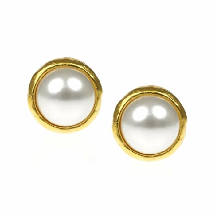 Kenneth Jay Lane Pearl Earrings Women Hammered Gold and Pearl Clip Earrings