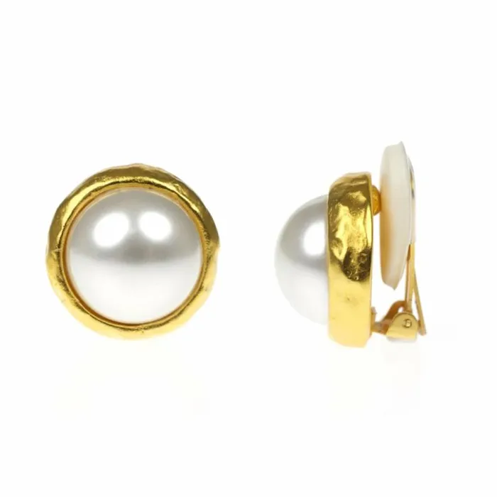 Kenneth Jay Lane Pearl Earrings Women Hammered Gold and Pearl Clip Earrings