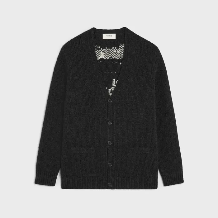 Long Dare Future Cardigan In Alpaca Wool Black Cream Men CELINE KNITWEAR