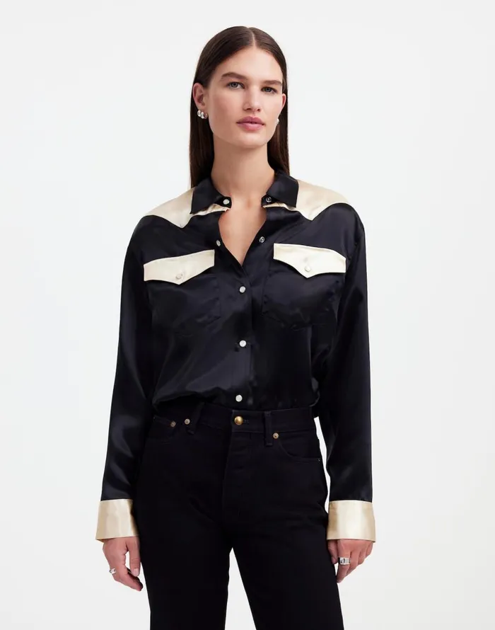 Madewell Alexa Chung For Madewell Satin Western Shirt True Black Alabaster Women Tops and Shirts Madewell Alexa Chung For Madewell Satin Western Shirt True Black Alabaster Women Tops and Shirts