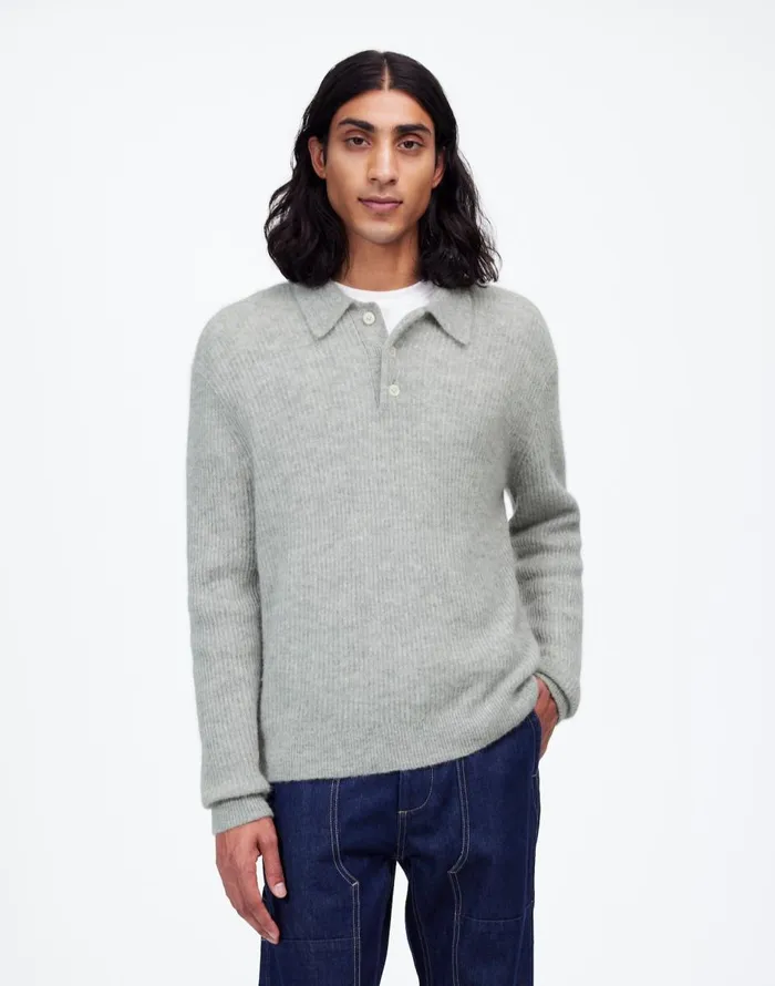 Madewell AlpacaBlend Sweater Polo Shirt Heather Grey Men Shirts