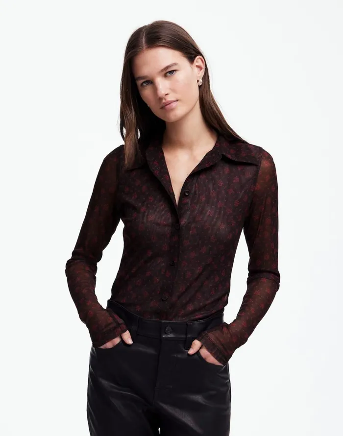 Madewell LongSleeve ButtonFront Top In Floral Mesh Bright Cherry Women Tops and Shirts