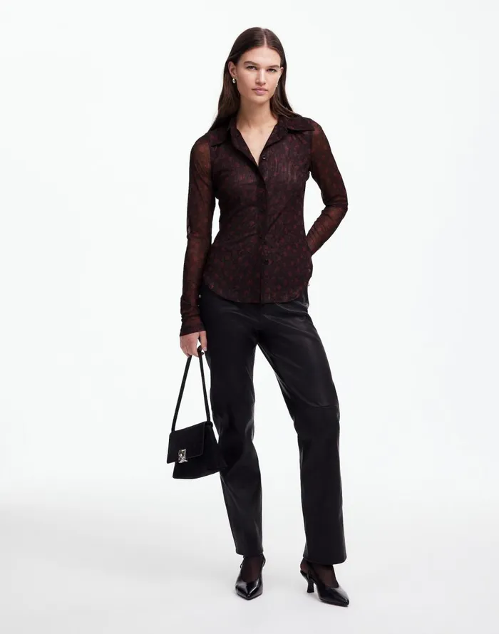 Madewell LongSleeve ButtonFront Top In Floral Mesh Bright Cherry Women Tops and Shirts