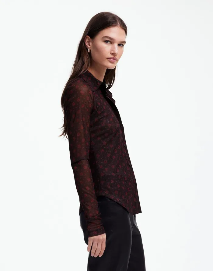 Madewell LongSleeve ButtonFront Top In Floral Mesh Bright Cherry Women Tops and Shirts