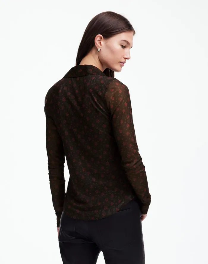 Madewell LongSleeve ButtonFront Top In Floral Mesh Bright Cherry Women Tops and Shirts