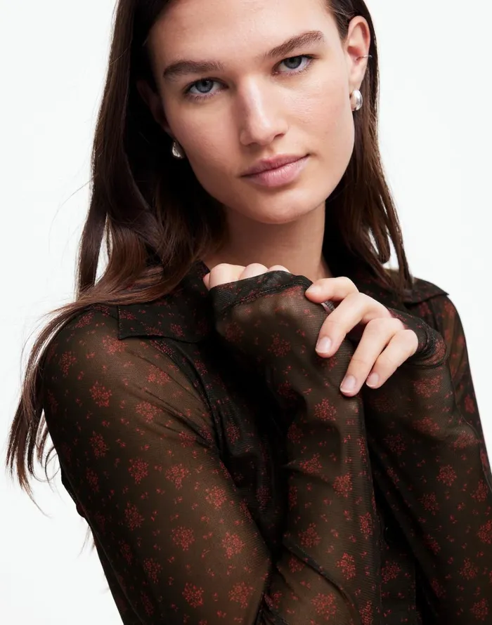 Madewell LongSleeve ButtonFront Top In Floral Mesh Bright Cherry Women Tops and Shirts