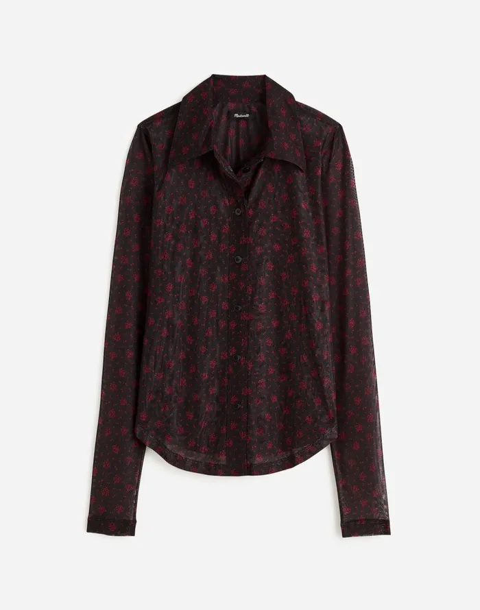 Madewell LongSleeve ButtonFront Top In Floral Mesh Bright Cherry Women Tops and Shirts