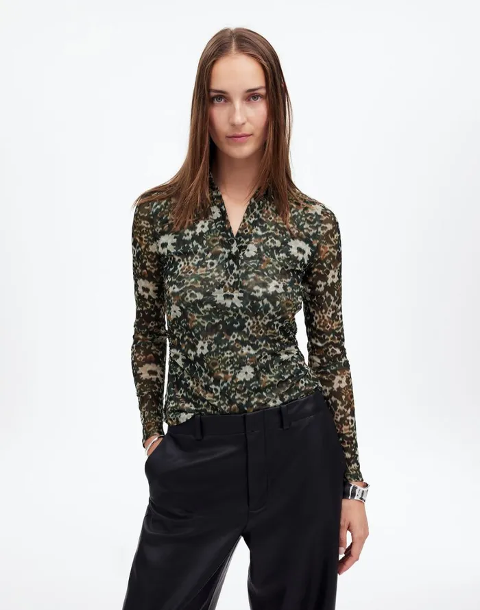 Madewell LongSleeve Polo Top In Floral Mesh Mossy Umber Women Tops and Shirts Madewell LongSleeve Polo Top In Floral Mesh Mossy Umber Women Tops and Shirts