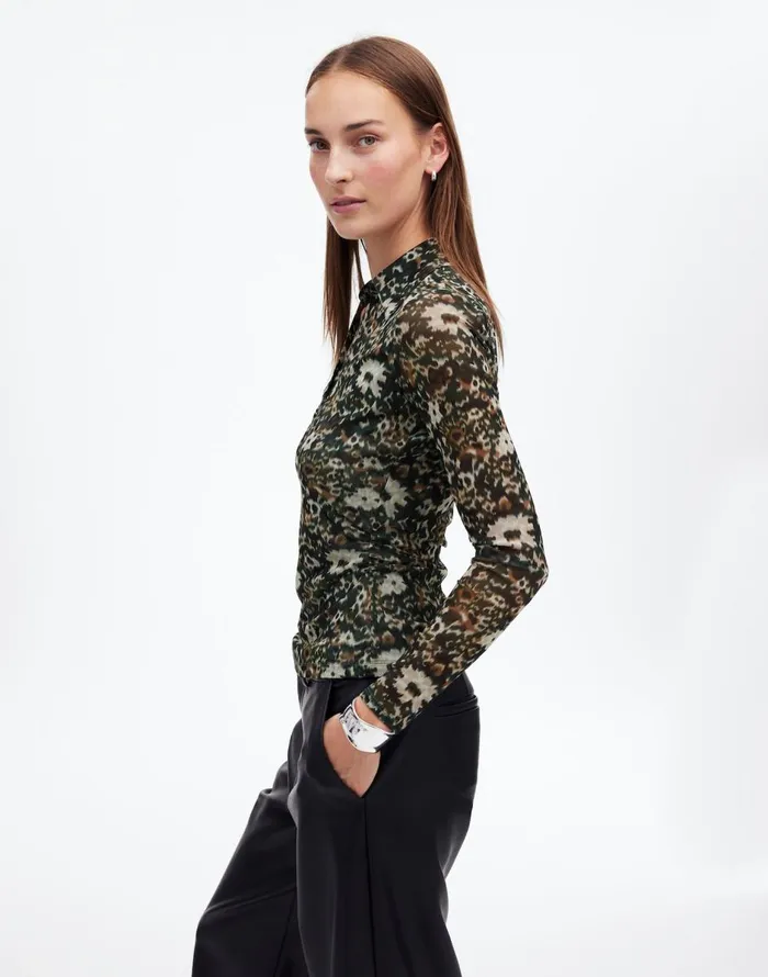 Madewell LongSleeve Polo Top In Floral Mesh Mossy Umber Women Tops and Shirts
