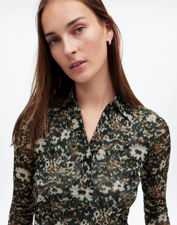 Madewell LongSleeve Polo Top In Floral Mesh Mossy Umber Women Tops and Shirts