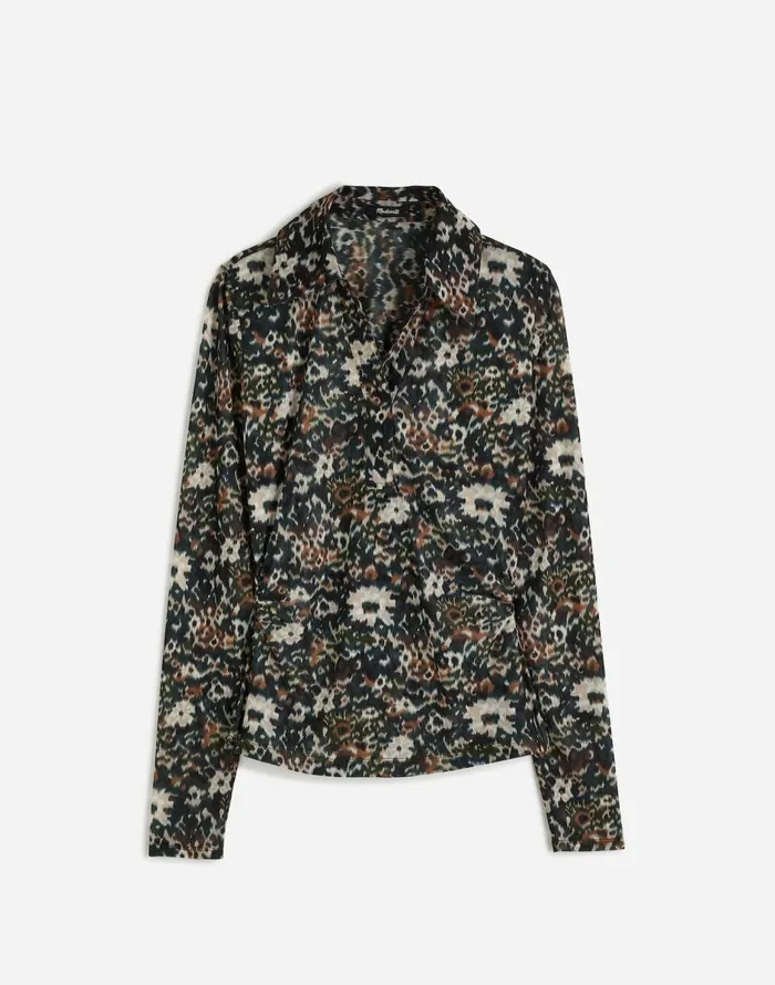 Madewell LongSleeve Polo Top In Floral Mesh Mossy Umber Women Tops and Shirts