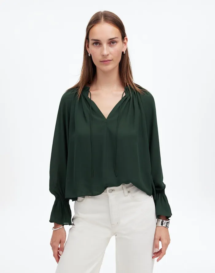 Madewell LongSleeve TieNeck Top Luxury Forest Women Tops and Shirts