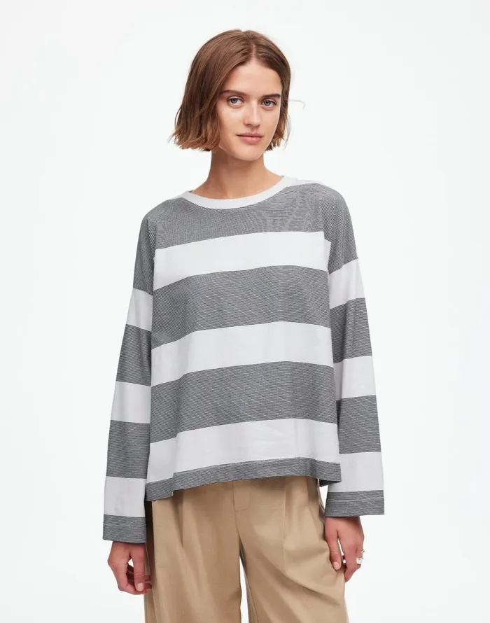 Madewell Oversized Crewneck LongSleeve Tee In Stripe Eyelet White Women Tees